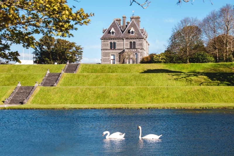 Historic stone mansion on green terraced grounds beside lake with two white swans swimming in foreground