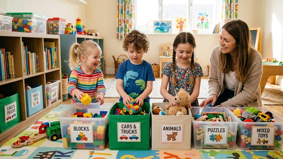 Young children aged 3-8 happily sorting colorful toys into different bins and boxes in a bright playroom, with a mum nearby providing gentle guidance