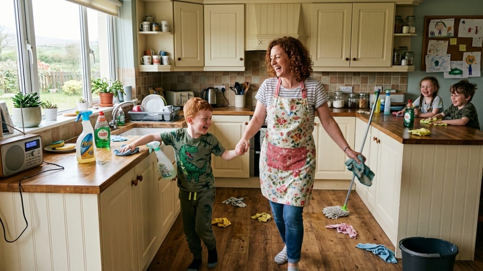 Irish mum and son dancing and cleaning in their kitchen with music playing, children laughing while wiping surfaces, and cleaning supplies scattered around in an organized, happy chaos