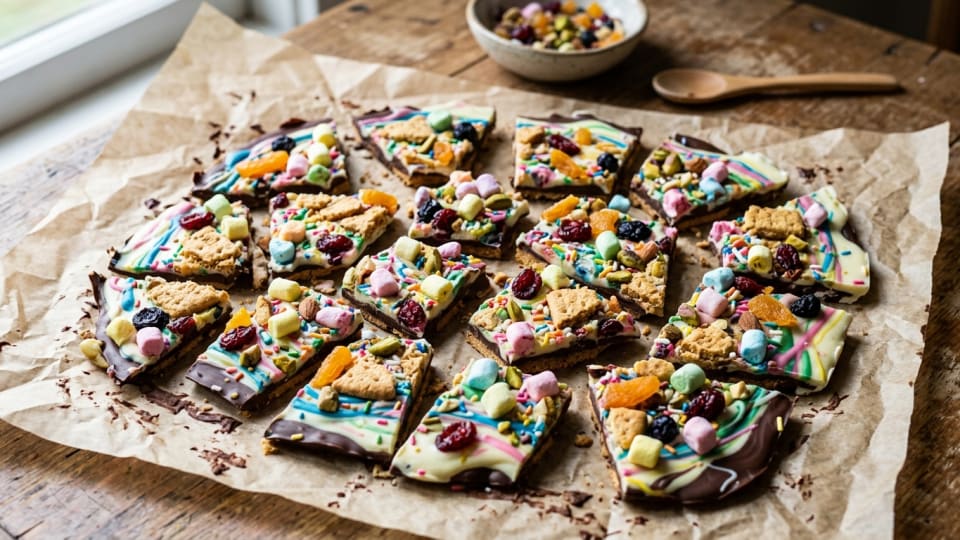 Colorful chocolate bark on parchment paper with various toppings like crushed biscuits, dried fruit, and mini marshmallows, broken into rustic pieces