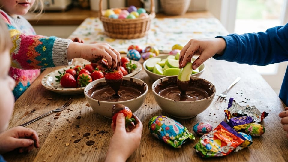 Children's hands dipping fresh strawberries and apple slices into bowls of melted chocolate, with Easter egg wrappers visible nearby