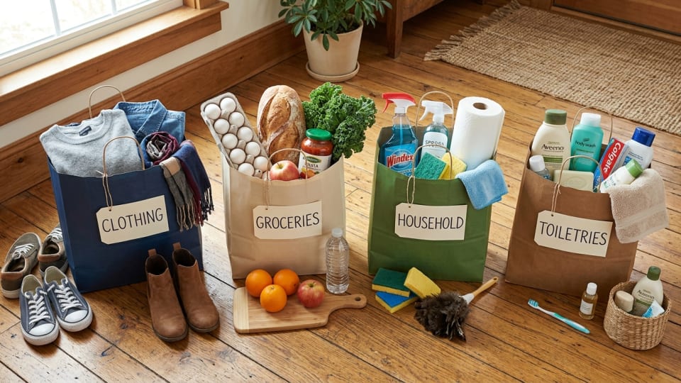 Four clearly labeled shopping bags arranged on a wooden floor with various household items sorted around them, bright natural lighting, organized and tidy appearance