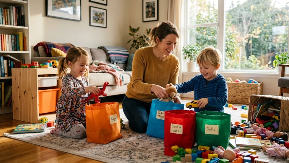 Mother and two young children working together sorting toys into colorful bags, children smiling and engaged, cozy family room setting, afternoon sunlight streaming through windows