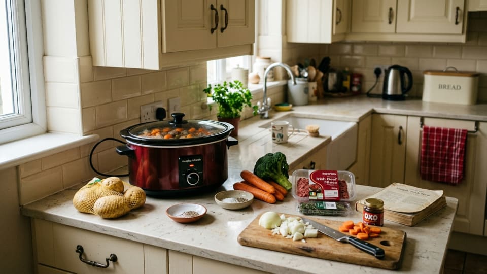 An organized but realistic Irish kitchen with a slow cooker, and just a few family-friendly ingredients scattered on counter