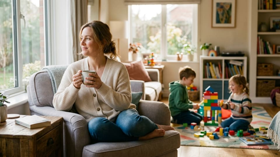 A mother sitting peacefully with a cup of tea while children play contentedly in background, representing guilt-free self-care moments