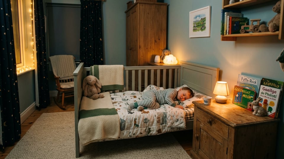 Peaceful Irish toddler's bedroom setup with dim lighting, comfort items, books on bedside table, cozy atmosphere
