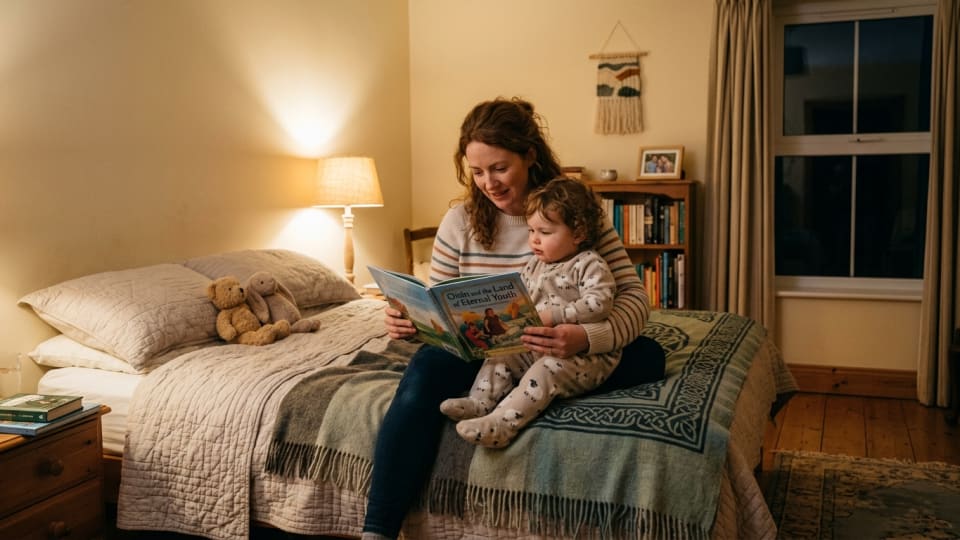 Irish family bedtime routine scene with parent reading to toddler in cozy bedroom, warm lighting, peaceful atmosphere