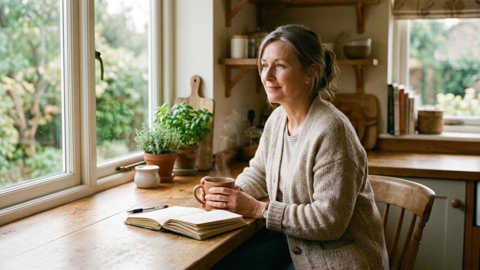 Mum sitting peacefully at kitchen counter with steaming mug of tea, soft morning light, journal and pen nearby, serene expression