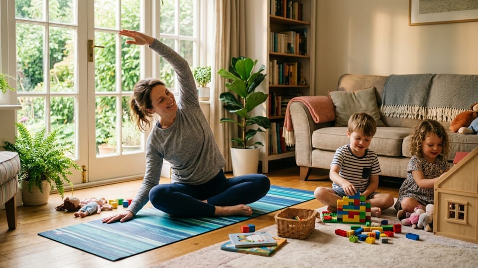 Mum doing gentle stretches in living room while children play nearby, natural light from window, yoga mat on floor