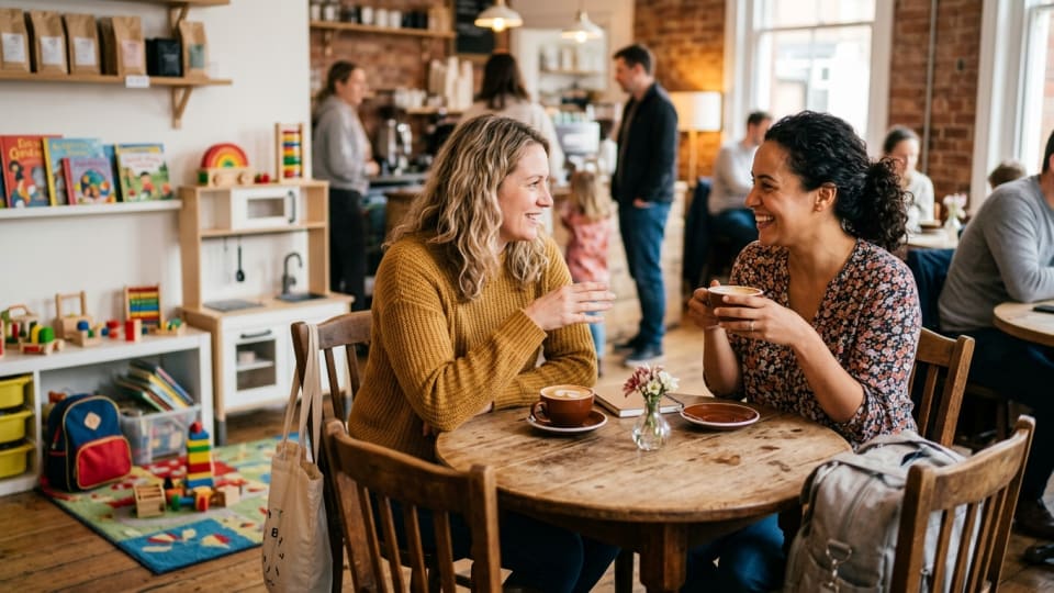 Two mums chatting over coffee cups at a cafe table, children's toys visible in background, warm friendly conversation