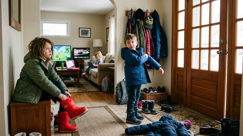 Children reluctantly putting on coats and shoes by the front door while looking longingly back at their devices