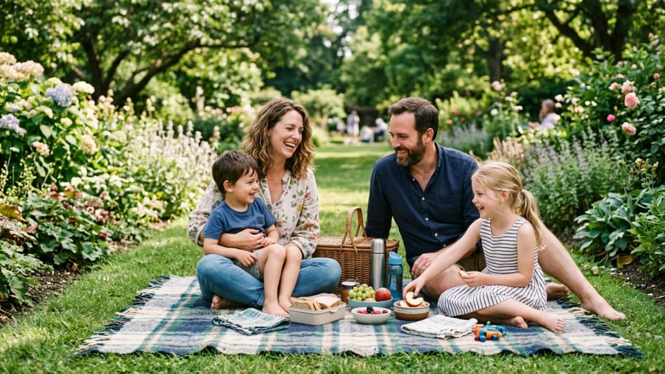 Family having a simple picnic on a blanket in a park garden with children looking happy and relaxed. natural looking