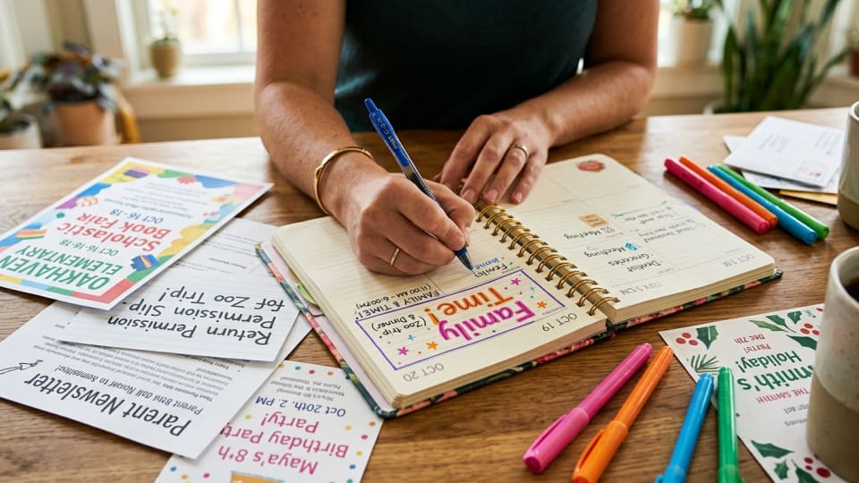 Close-up of hands writing in a planner with "Family Time" blocked out in colorful pens, surrounded by scattered invitation cards and school notices