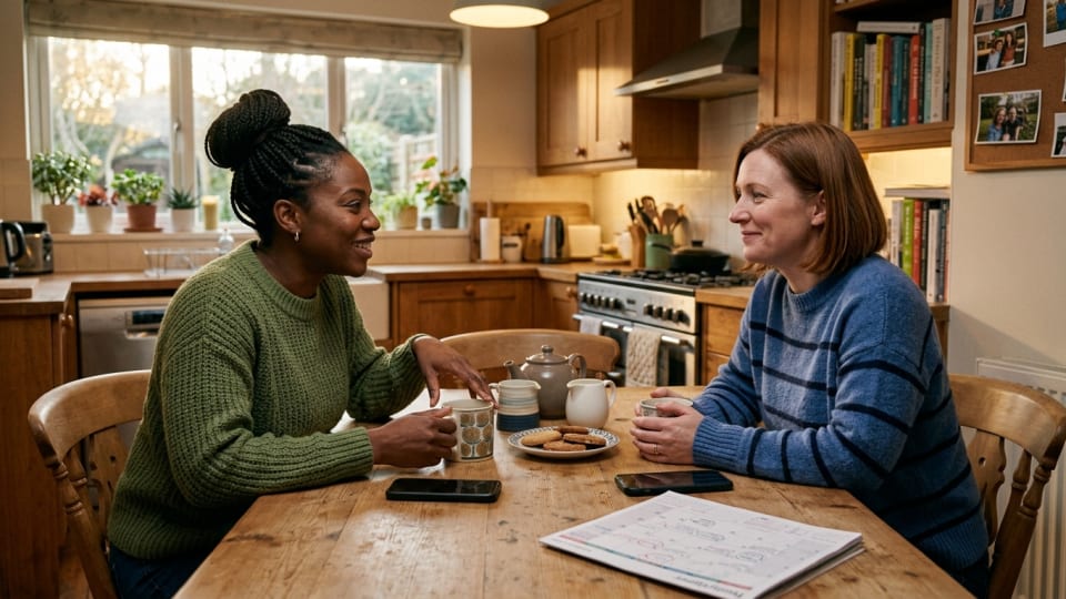 Two mums having tea and chatting at a kitchen table, looking relaxed and supportive, with phones face down and calendars visible but not overwhelming