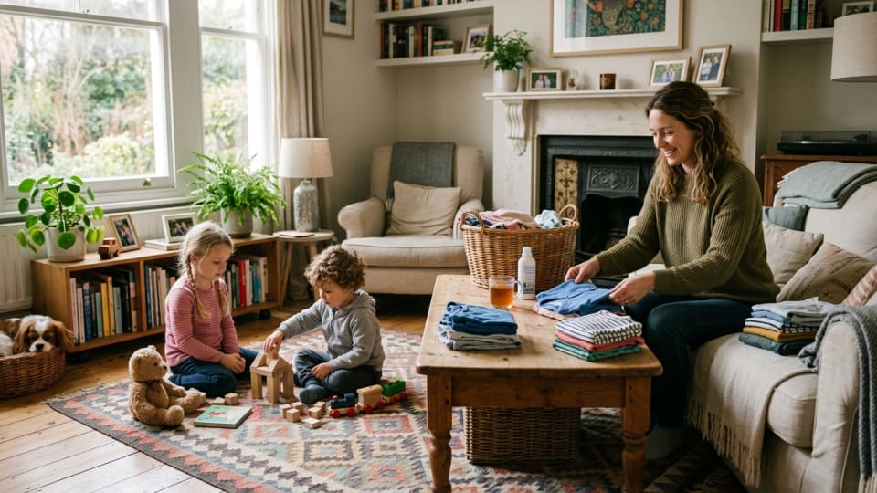 A peaceful living room scene with mum folding laundry while children play quietly nearby