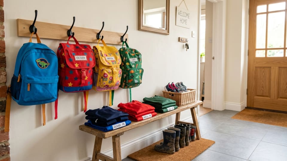 An organized entryway with hooks on the wall holding colorful school bags, a small wooden bench with PE kits folded neatly