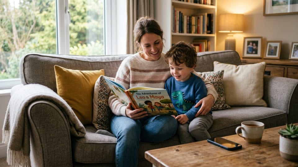 Mother peacefully reading a book with her child on the couch, phone placed face-down on nearby table