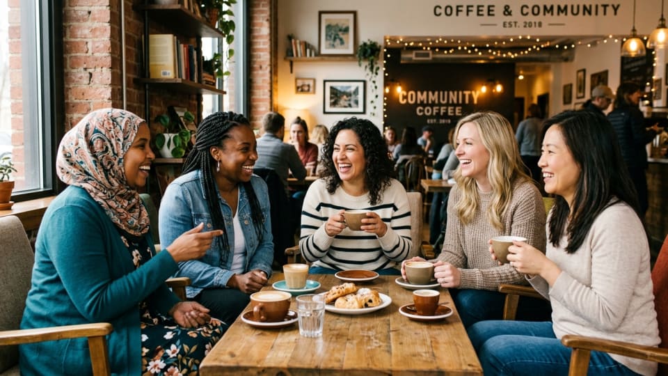 Group of diverse mothers having coffee and laughing naturally together in a casual café setting