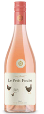 Le Petit Poulet rosé wine bottle with white label featuring two chicken illustrations, pale pink wine visible.