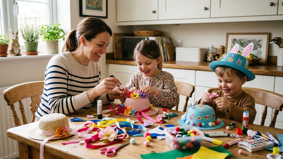 Mother and two young children sitting around a kitchen table covered in craft supplies, working together on Easter bonnet projects with smiles and concentration