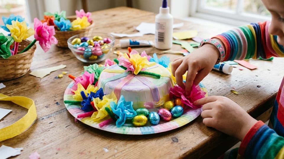 Child's hands placing colorful tissue paper flowers and mini chocolate eggs onto a paper plate Easter bonnet base