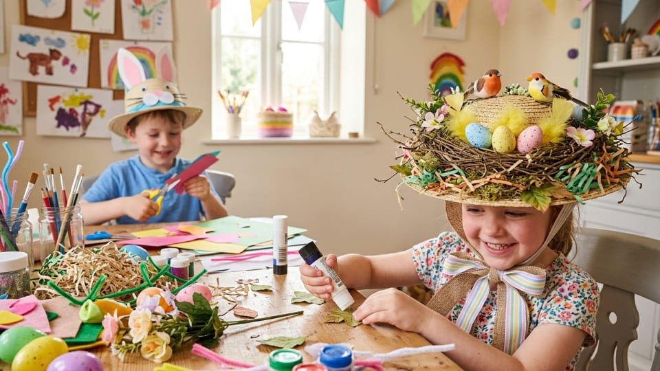 show a nest themed easter bonnet. kids easter crafting