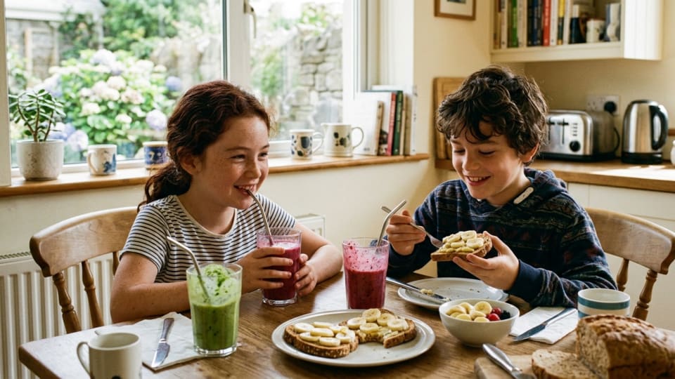 2 siblings asian/irish sitting at breakfast having a smoothie and toast with banana