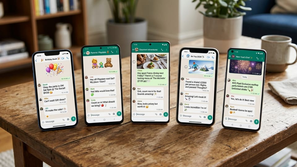 A collection of phones showing different WhatsApp group chats with party invitations, playdate arrangements, and expensive activity suggestions