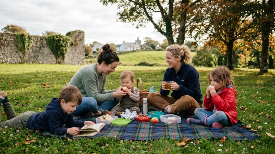 A peaceful scene of mums and children having a simple picnic in a local Irish park, showing connection without elaborate planning