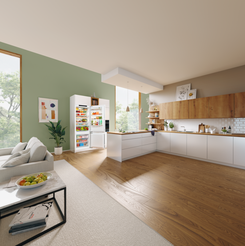 Bosch KBN96ADD0 BIXXL fridge-freezer open and fully stocked in a bright modern open-plan kitchen.