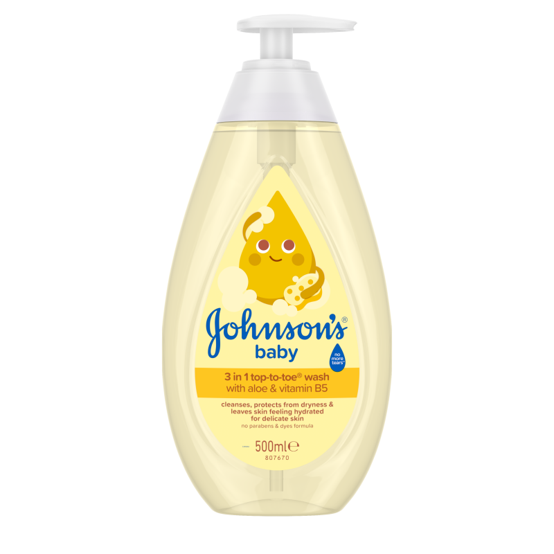 Johnson's Baby 3 in 1 Top-to-Toe Wash with aloe & vitamin B5, 500ml pump bottle, no more tears formula.