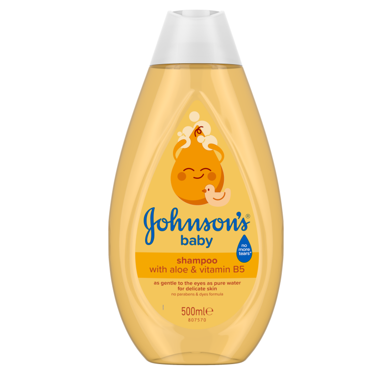 Johnson's Baby Shampoo 500ml bottle with aloe and vitamin B5, no more tears formula, golden bottle with white cap.
