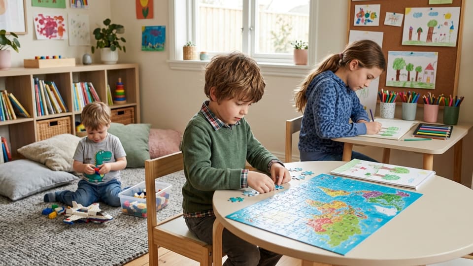 Children of different ages engaged in separate activities in the same room - one doing a puzzle, another drawing, while maintaining peaceful coexistence