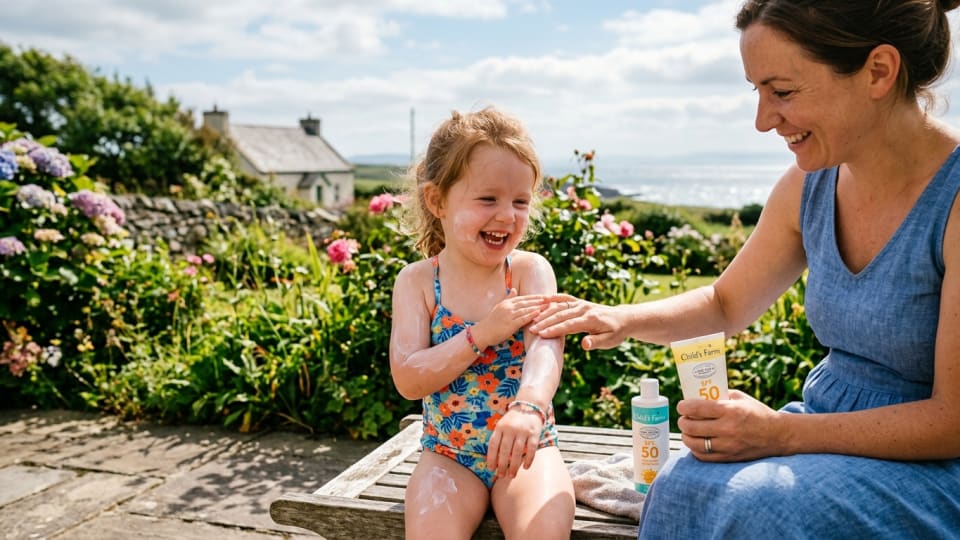 Young child happily applying suncream to their arms with parent's help, bright Irish summer morning