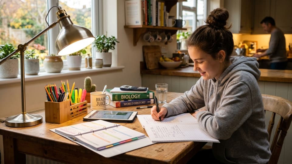 Organized homework station on kitchen table with pencils, notebooks, and good lighting, cozy home setting