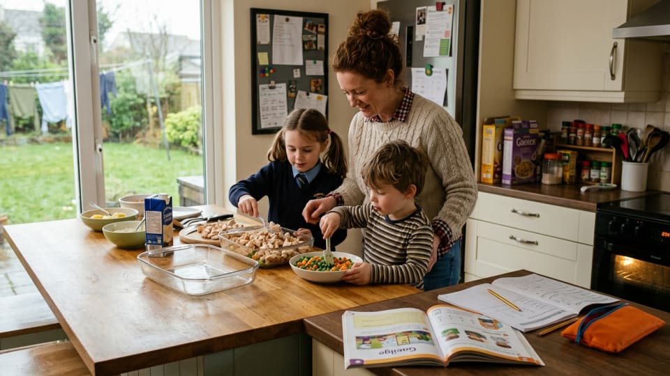 Irish mum involving children in simple dinner preparation, kids helping with safe tasks while homework is spread on nearby counter