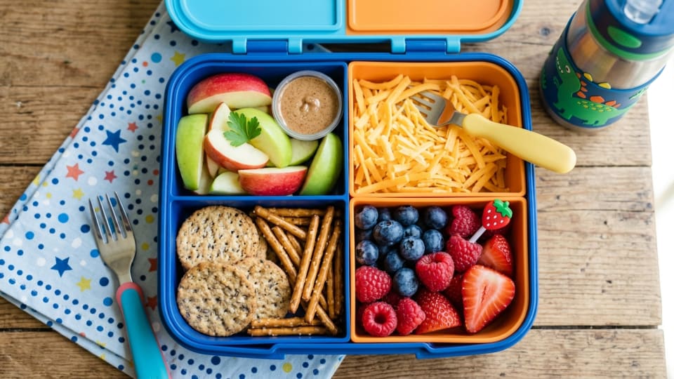 A divided snack box showing balanced mini meals with apple slices, grated cheese, whole grain crackers, and berries arranged appealingly for a preschooler