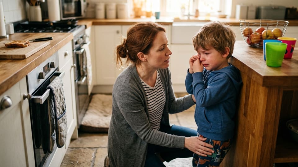 Patient mum kneeling at eye level with her upset preschooler near the kitchen counter, using gentle body language