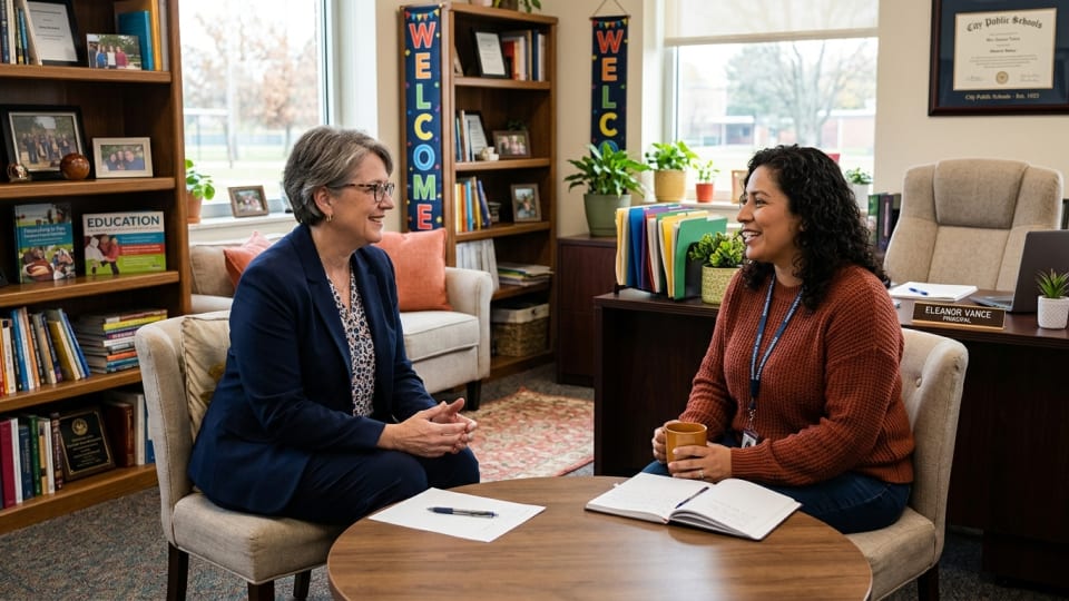 Friendly school principal having a conversation with a parent in a comfortable office setting