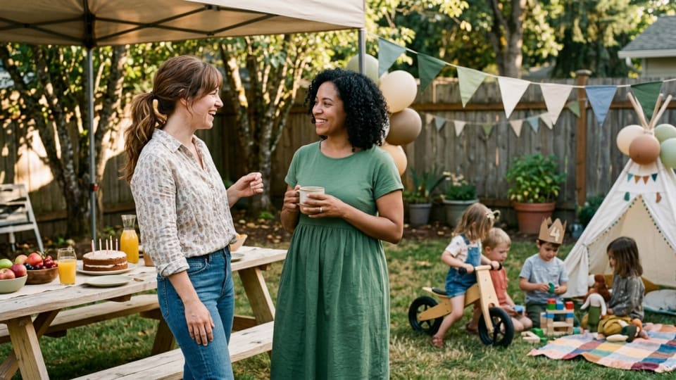 Two mothers having a friendly conversation while watching their children play together at a birthday party. toned down natural birthday party with food table and a few toys
