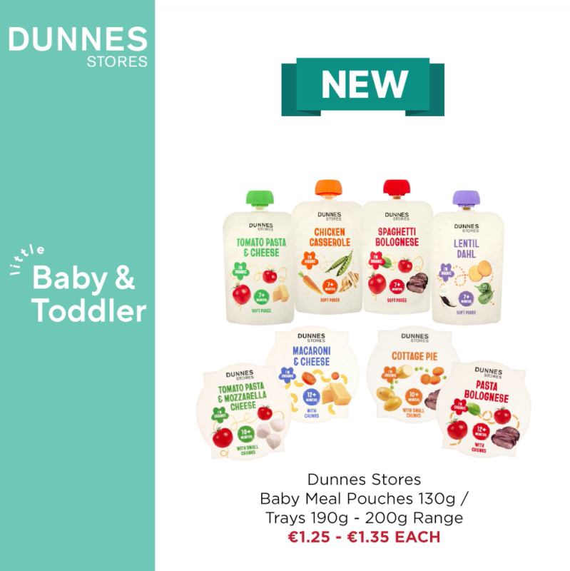 Dunnes Stores little Baby & Toddler organic meal pouches and trays range, priced €1.25–€1.35 each.