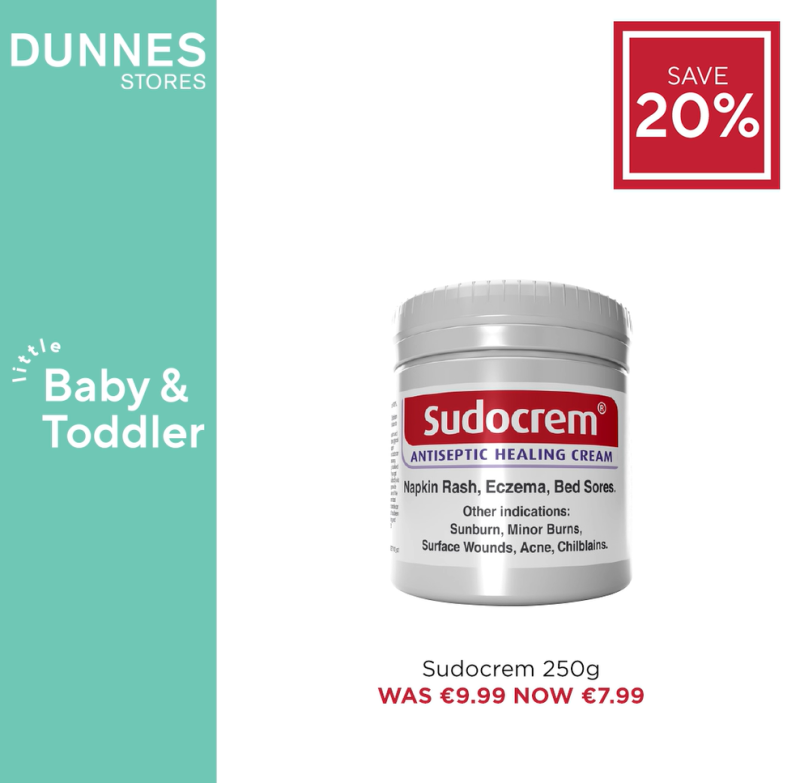 Sudocrem Antiseptic Healing Cream 250g tub on sale at Dunnes Stores, was €9.99 now €7.99.