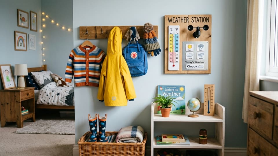 Children's bedroom weather station setup with cardigan, rain jacket, and accessories organized on hooks and small furniture