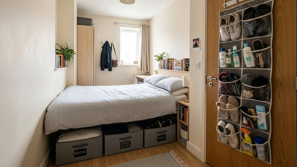 Compact bedroom with under-bed storage boxes and over-door organizer on inside of door showing efficient use of small spaces