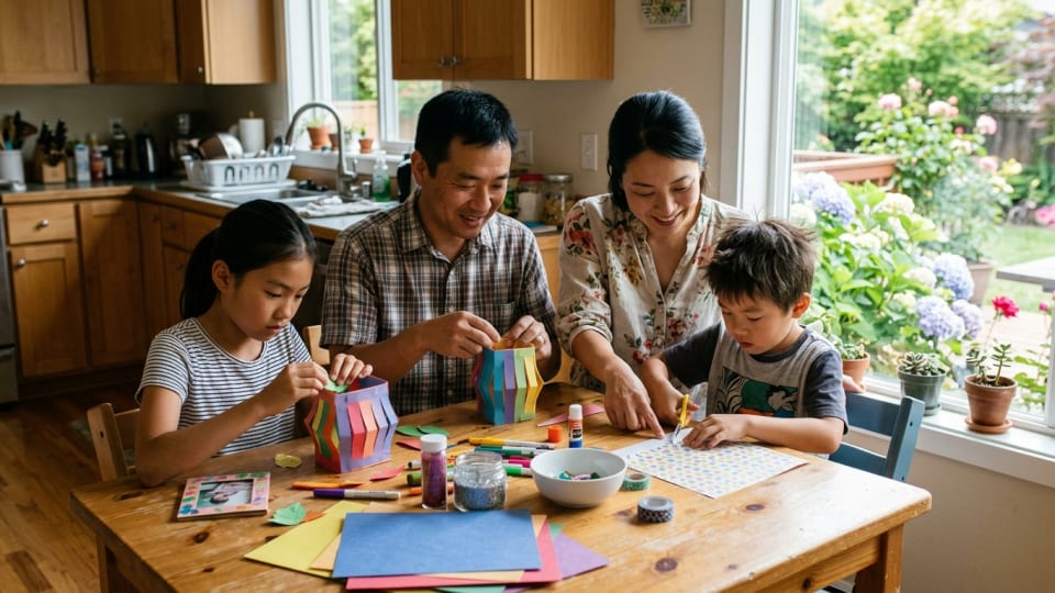 Asian family working together on a simple craft project at kitchen table, children concentrating on their work while parent guides them, natural lighting, june outside