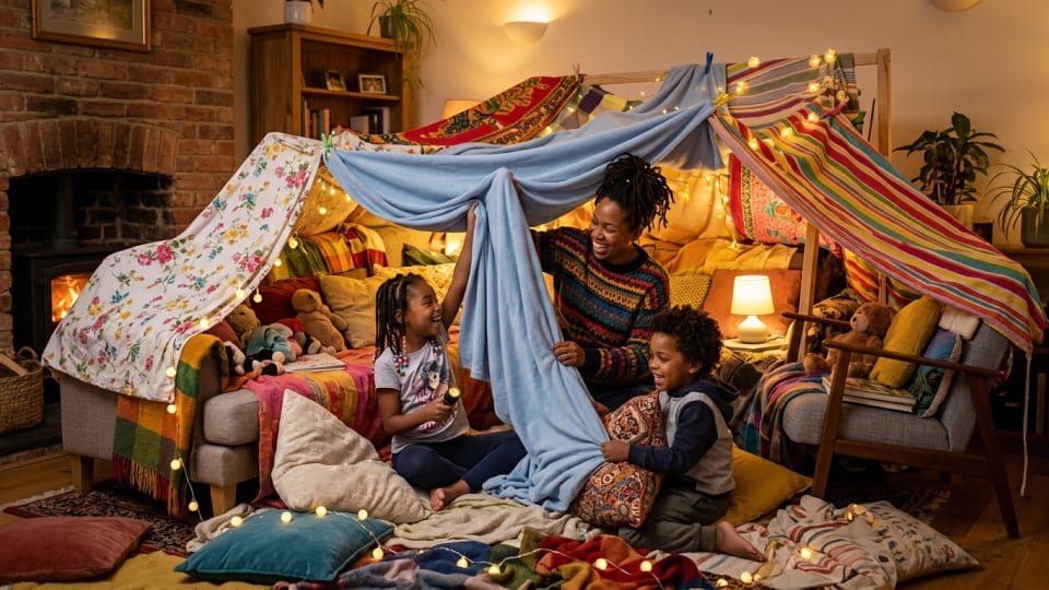 Afro carribean children and parent creating a blanket fort in a living room, with pillows and sheets arranged creatively, warm lighting making it feel magical and cozy