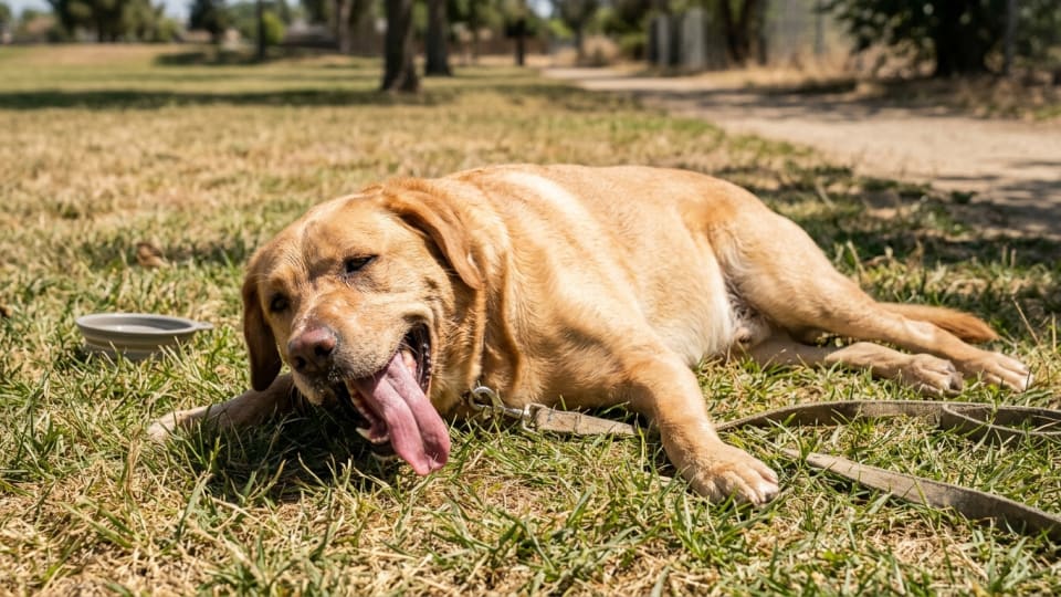 A dog panting heavily while lying on grass, showing clear signs of being too warm