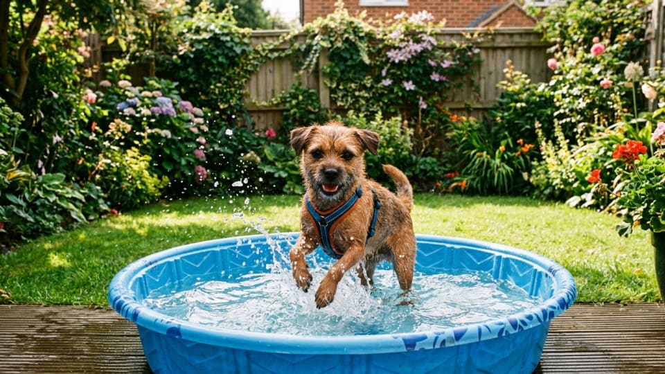 A small dog standing in a shallow paddling pool in a back garden, splashing happily