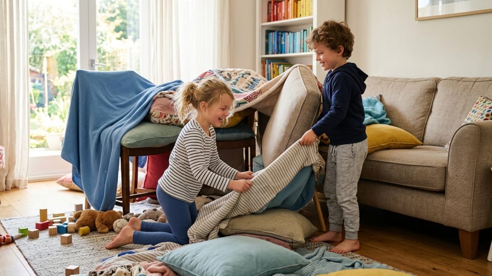 Two children working together to build a pillow fort in a bright living room, smiling and collaborating