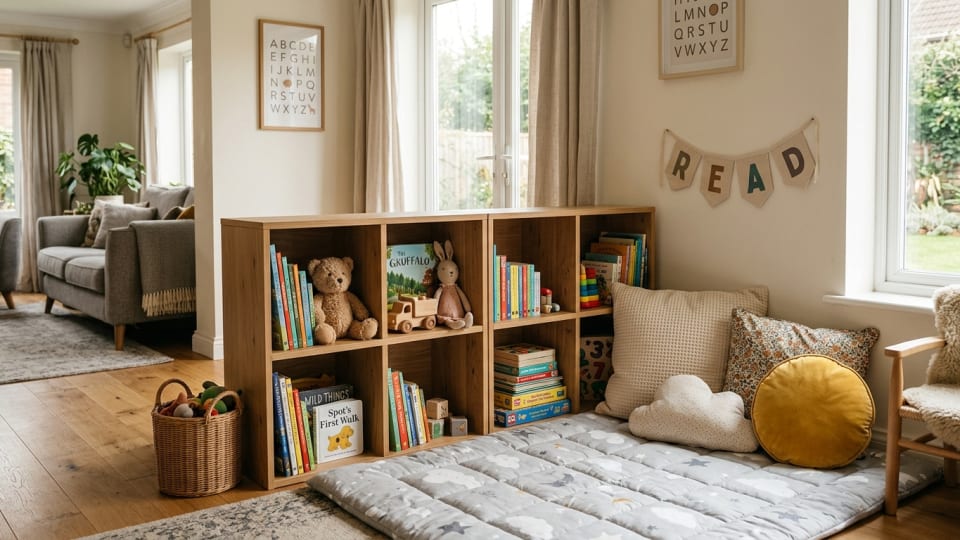 Corner of a living room with a low small bookshelf of 4 boxes wide acting as room divider, filled with toys and books, with a soft play mat and cushions creating a cozy reading nook